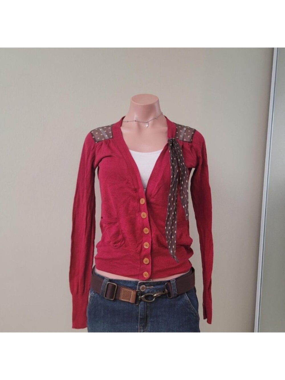 Sparrow Red-Brown Polka Dot Sheer Mesh Tied Knit Cardigan (S)